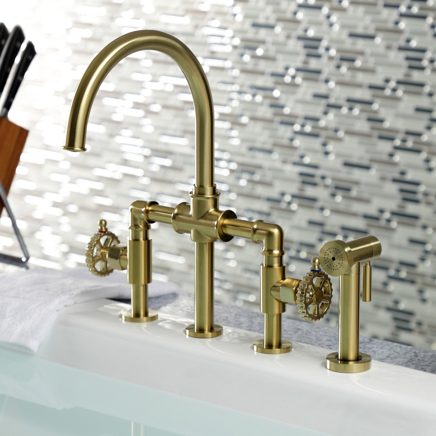 Kingston Sona KS2337CG - Fuller Two-Handle 4-Hole Deck Mount Industrial Style Bridge Kitchen Faucet with Brass Sprayer, Brushed Brass — thumbnail 2